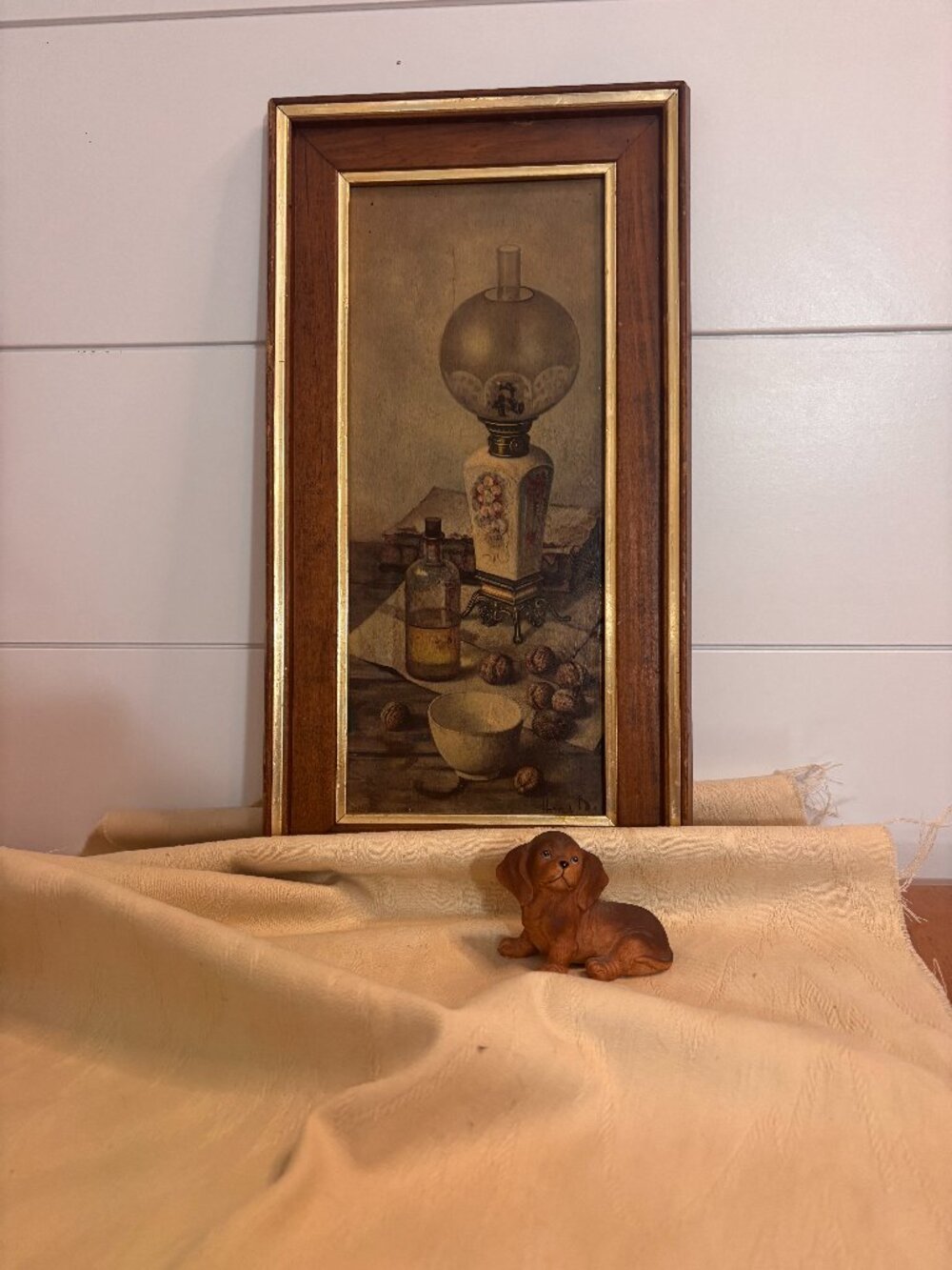 VTG MCM Still Life Print Oil Lamp, Walnuts, Bowl and Bottle Henk Bos